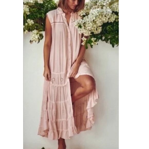 Free People Pretty Cozy Embroidered Flowy Maxi Smock Dress Blush Pink-S-Boho - Picture 1 of 16